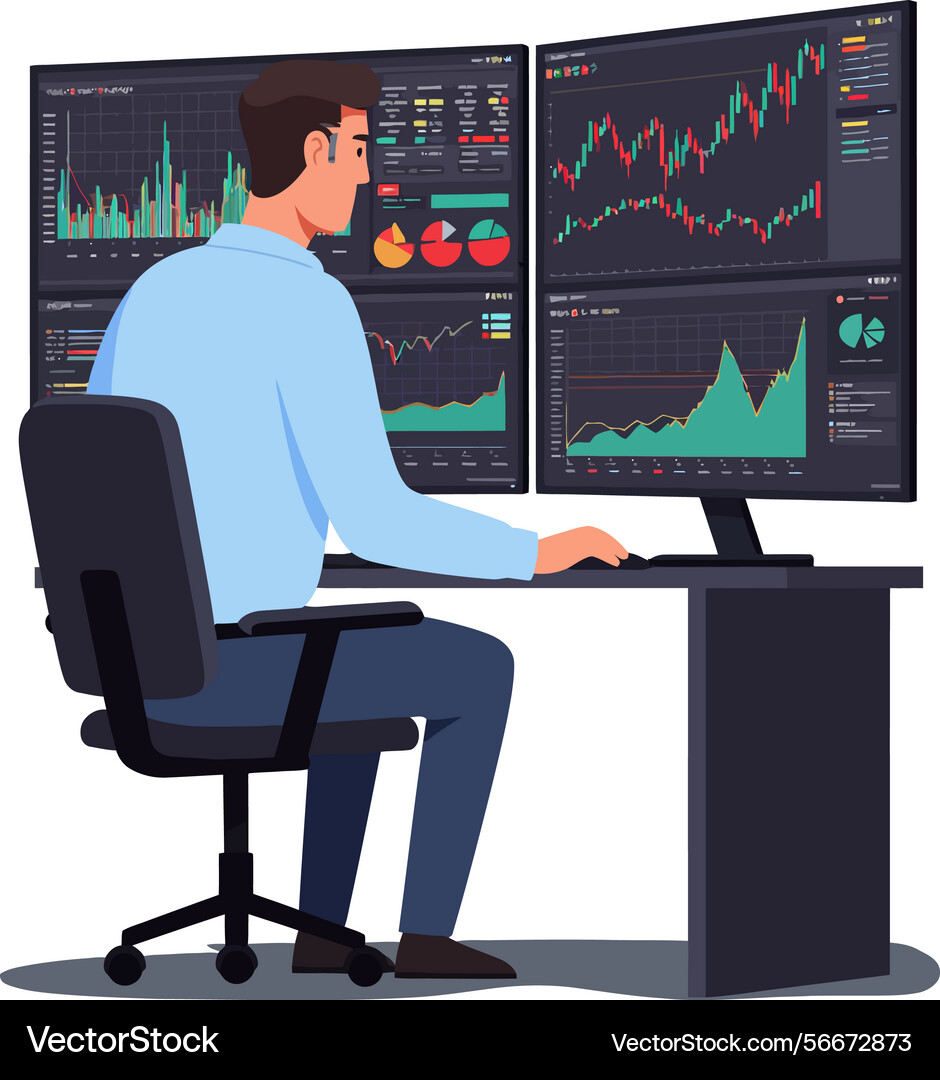 Man analysiert Finanzdaten auf mehreren Computern Man analysiert Finanzdaten auf mehreren Computern vektorbild