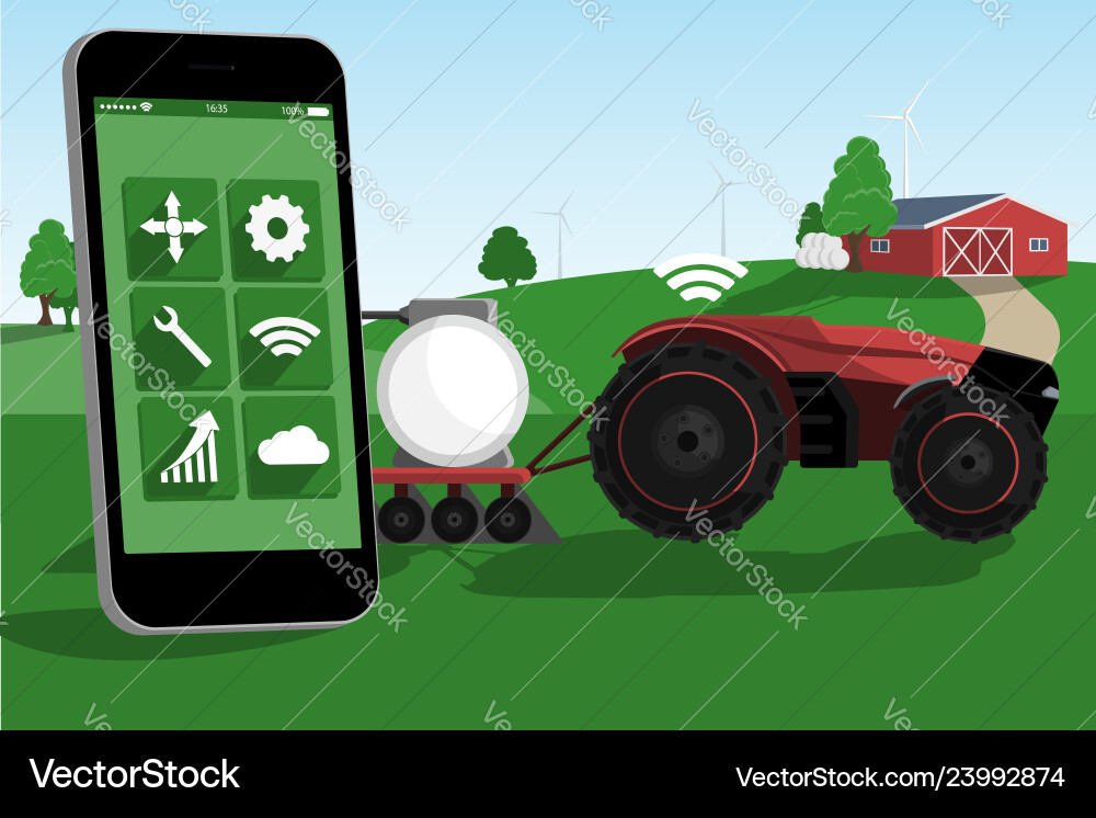 Control of autonomous tractor by mobile app vector image