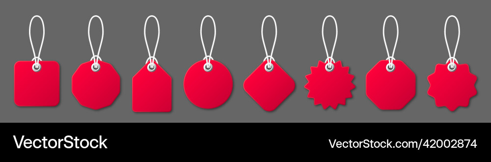Realistic red price tags with white string on gray Realistic red price tags with white string on gray vector image