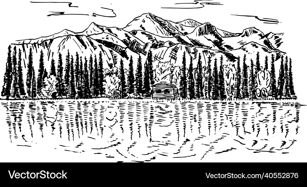 Landscape mountains forest river hand drawn Landscape mountains forest river hand drawn vector image