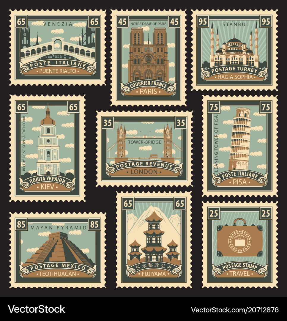 Satz von Briefmarken mit architektonischen historischen Stätten Satz von Briefmarken mit architektonischen historischen Stätten vektorbild