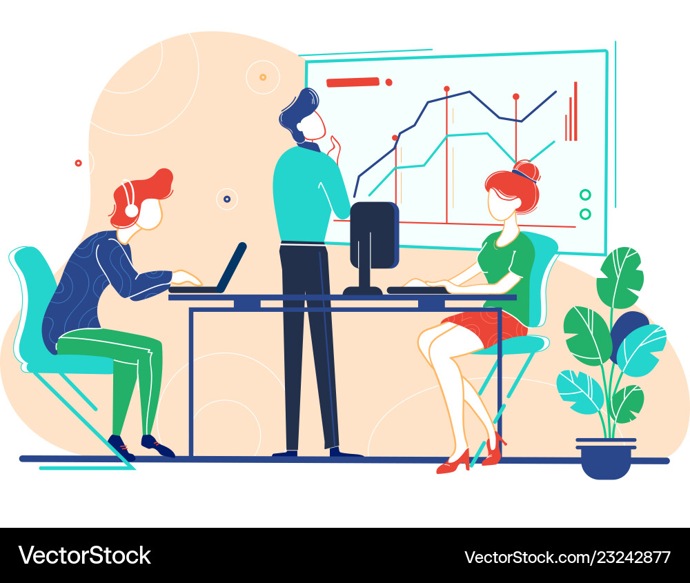 Flat team works on project with help of analytics Flat team works on project with help of analytics vector image