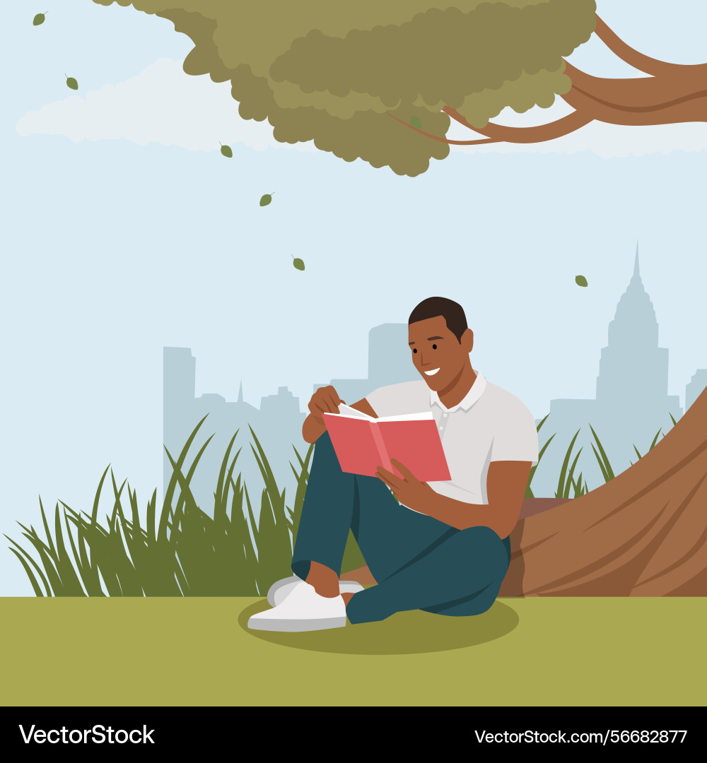 Man enjoys a relaxing moment reading book under Vector Image