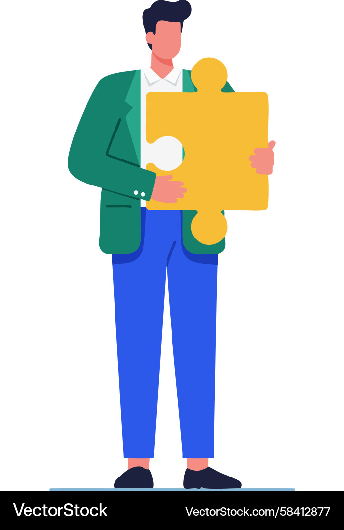 Man Solving Puzzle with Yellow Piece Vector Image