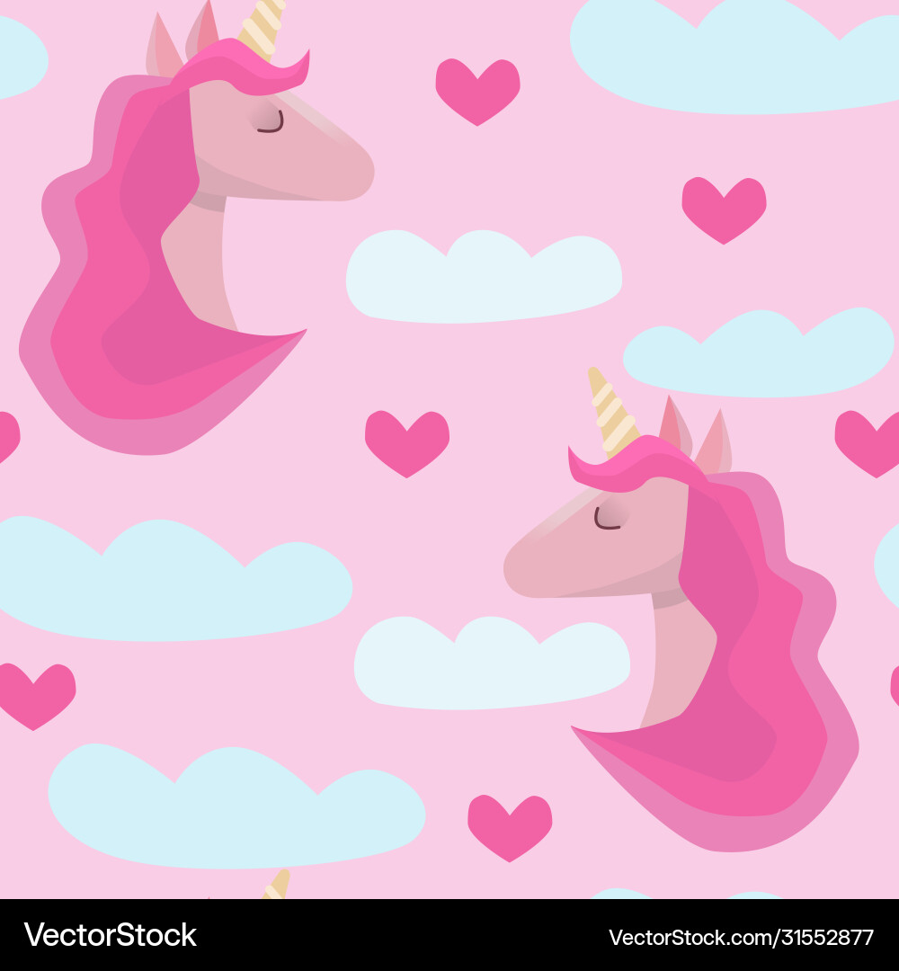 Seamless pattern with pink unicorn and clouds Vector Image