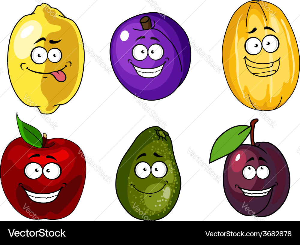 Cartoon Fruits: Apple, Plums, Melon, Lemon, Avocad Vector Image
