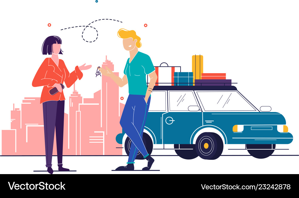 Flat young woman rents car from man with blond Flat young woman rents car from man with blond vector image