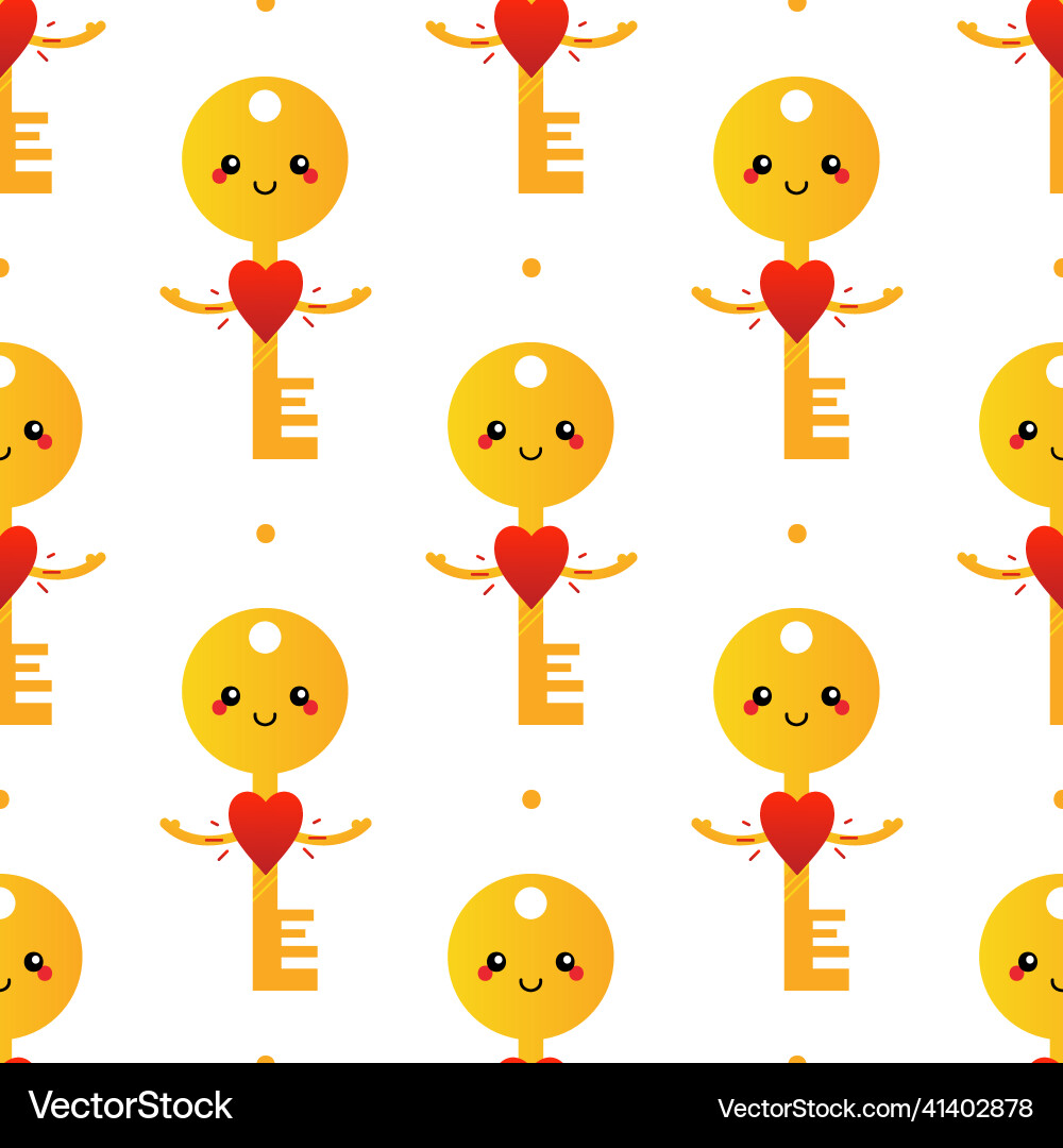 Golden key character with big red heart pattern Golden key character with big red heart pattern vector image