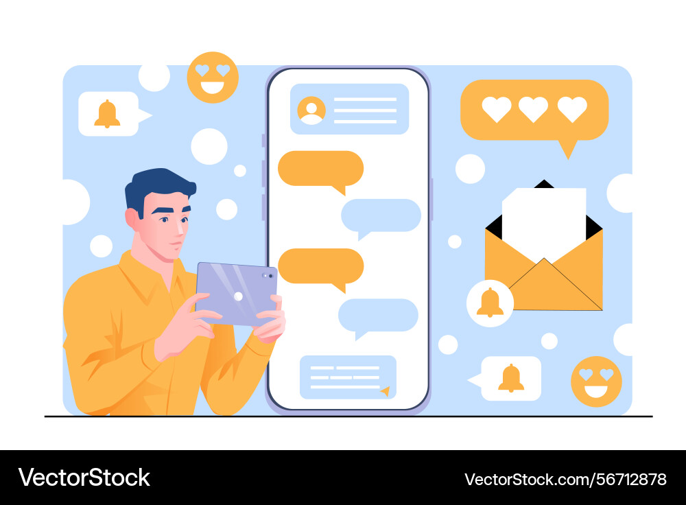 Man chatting on tablet with messages Man chatting on tablet with messages vector image