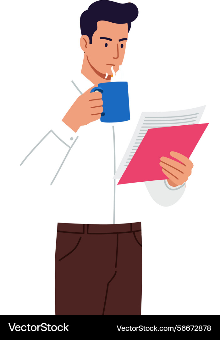 Man drinking coffee while reading document Man drinking coffee while reading document Vector Image