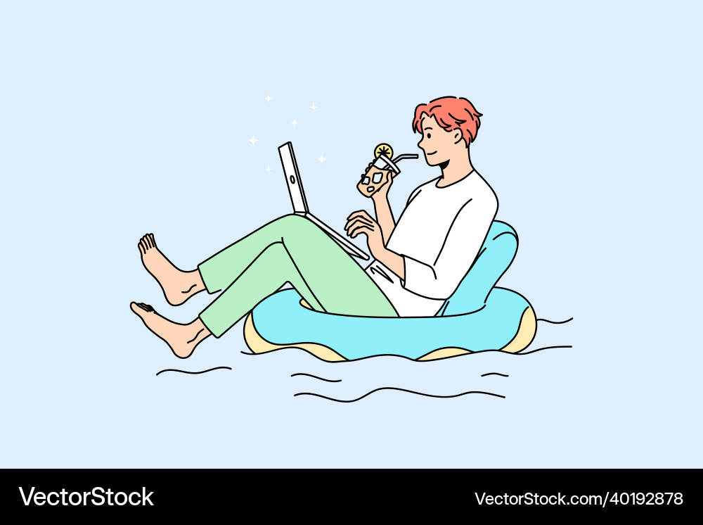 Relaxed man in swimming pool working on computer vector image