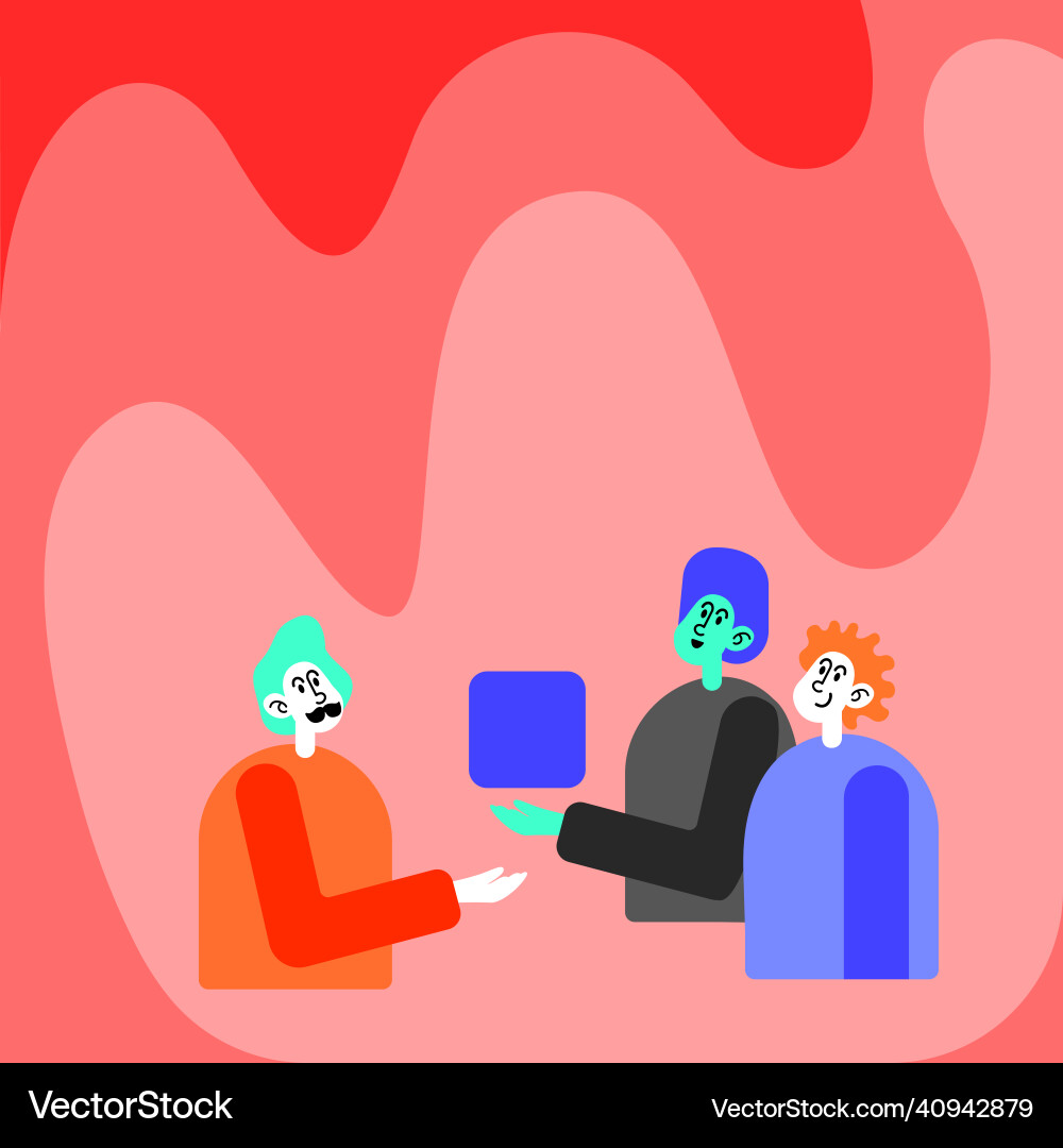 Three colleagues having meeting displaying cube Vector Image