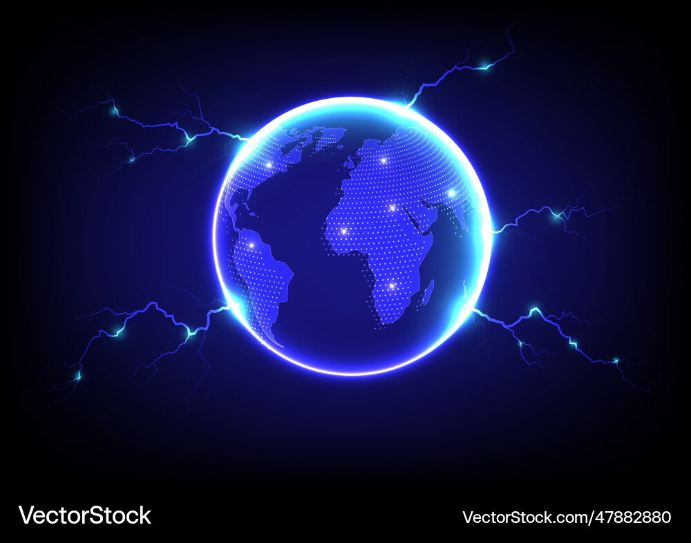 Glowing globe world map with lightning on dark Glowing globe world map with lightning on dark vector image