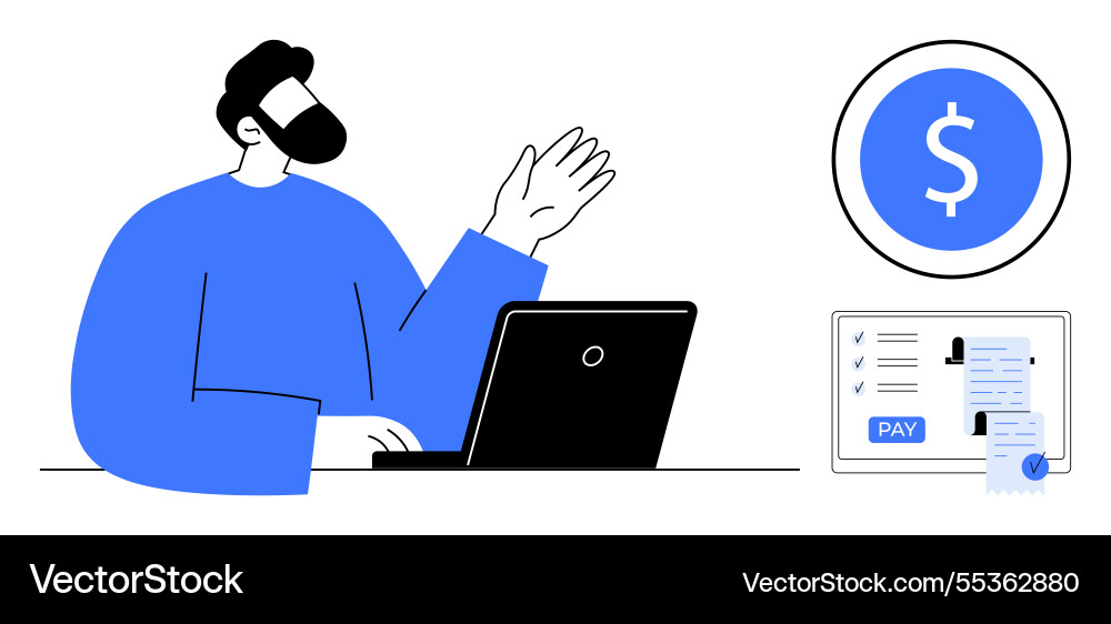 Man working on laptop with payment processing Vector Image