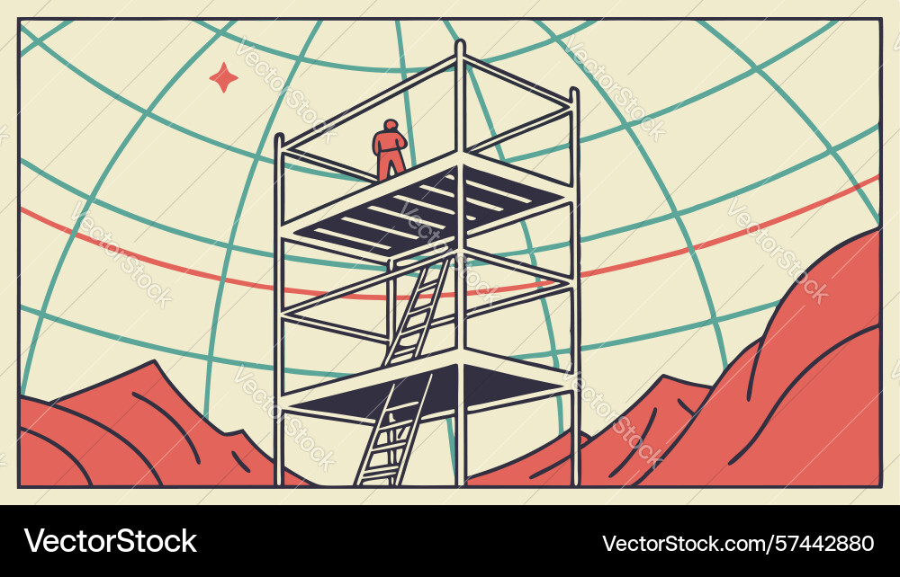 Scaffolding structure with worker on abstract vector image