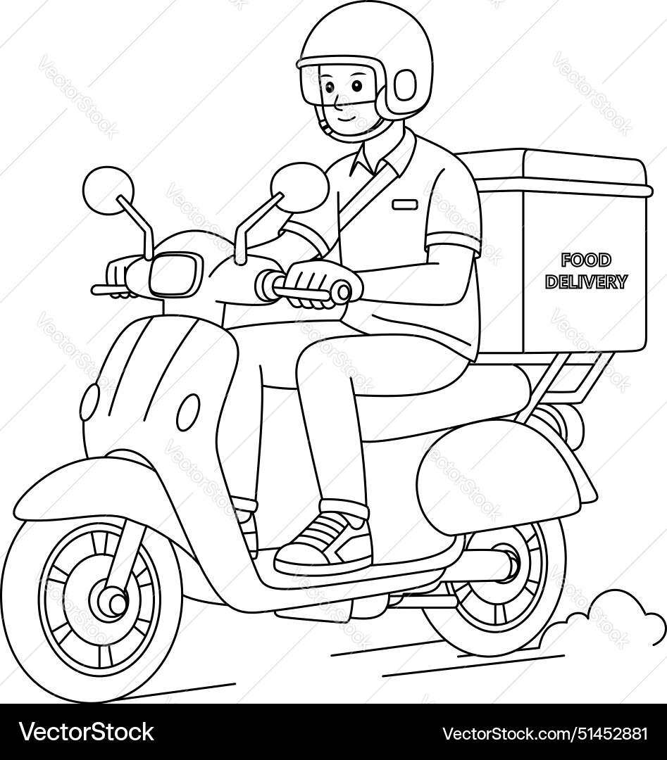 Food delivery man riding motorcycle coloring page Food delivery man riding motorcycle coloring page vector image