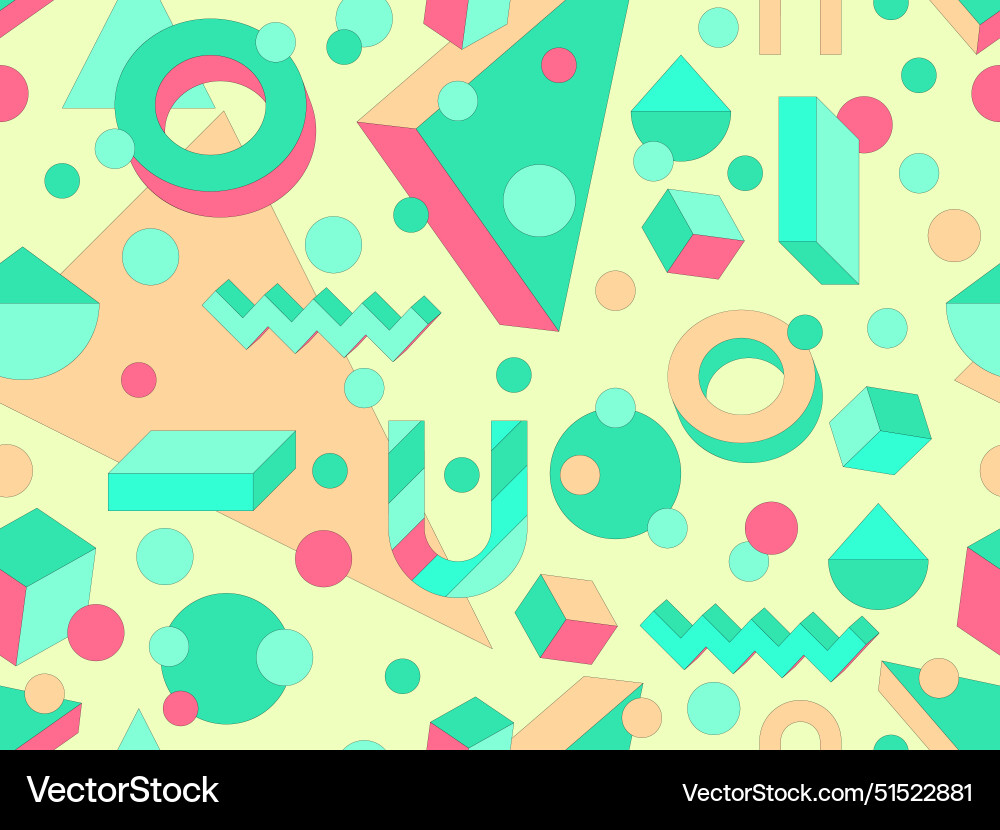 Memphis geometric seamless pattern with 3d shapes Memphis geometric seamless pattern with 3d shapes vector image
