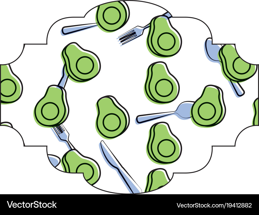 Frame with avocado and cutlery pattern background Vector Image
