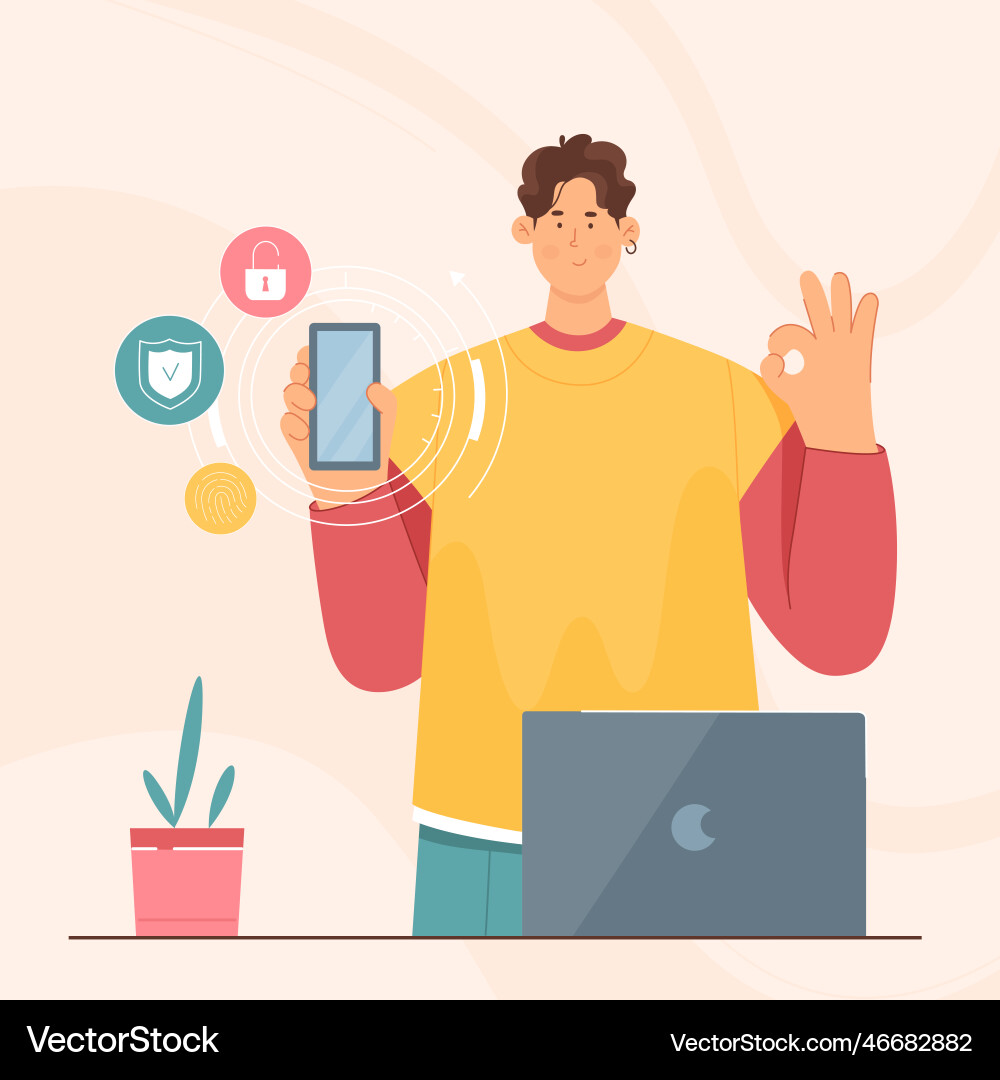 Online security person holding phone with shield Online security person holding phone with shield vector image