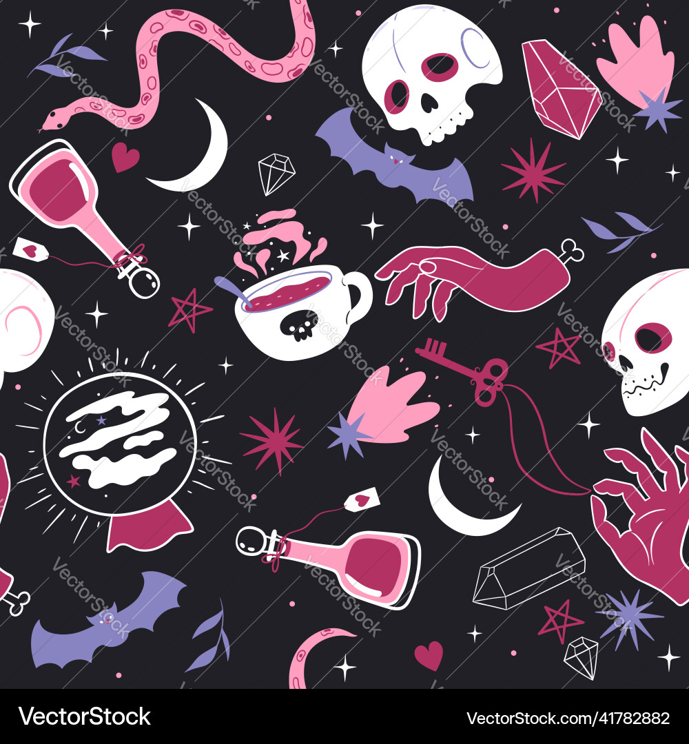 Seamless pattern with skulls and magic items Seamless pattern with skulls and magic items vector image