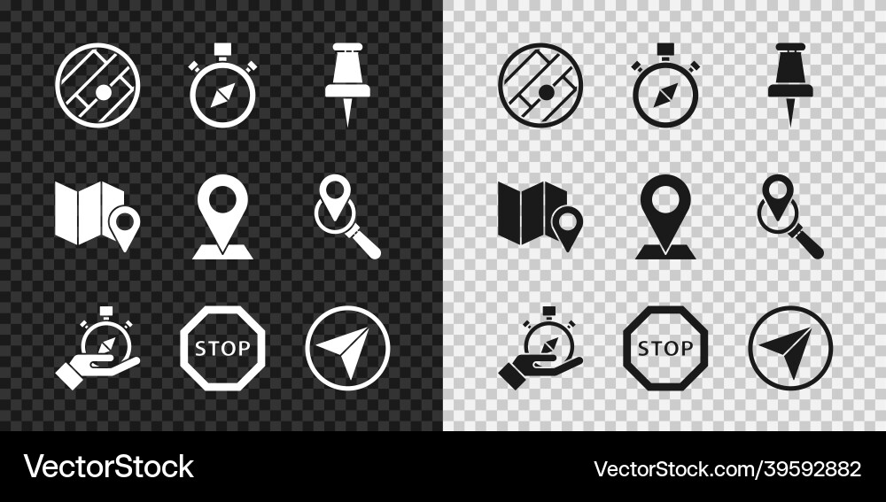 Set folded map with location compass push pin Set folded map with location compass push pin vector image