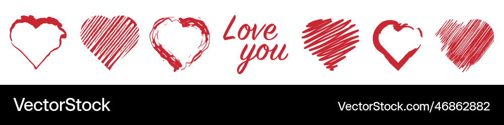 Set of red hearts drawn shape for design Set of red hearts drawn shape for design Vector Image
