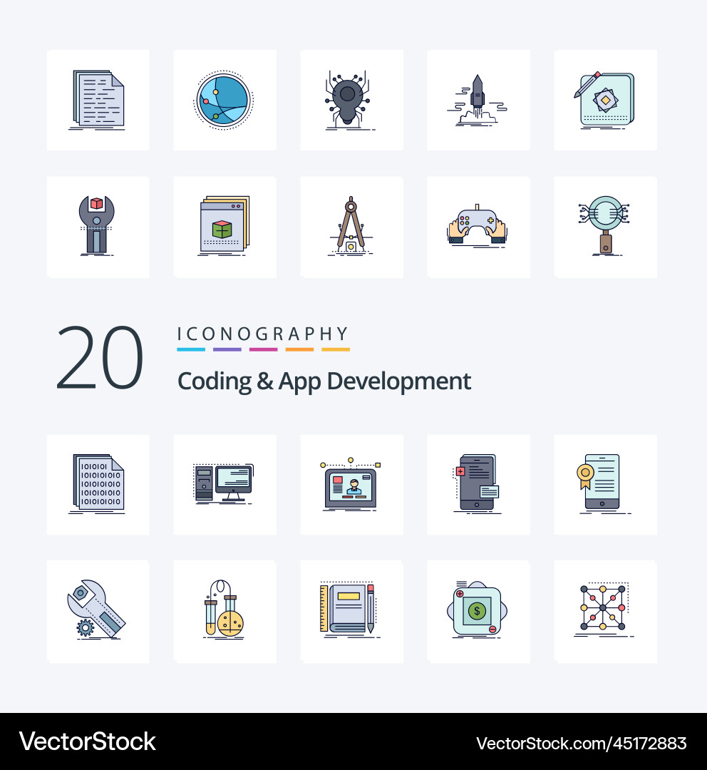 20 coding and app development line filled color vector image
