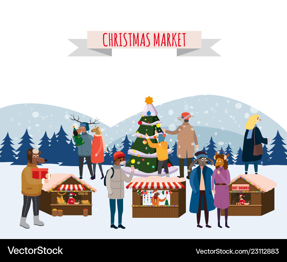 Christmas fair market on town anthropomorphic set Christmas fair market on town anthropomorphic set vector image