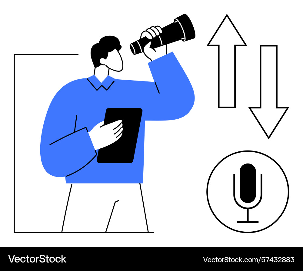 Man using telescope for analysis with tablet Man using telescope for analysis with tablet vector image