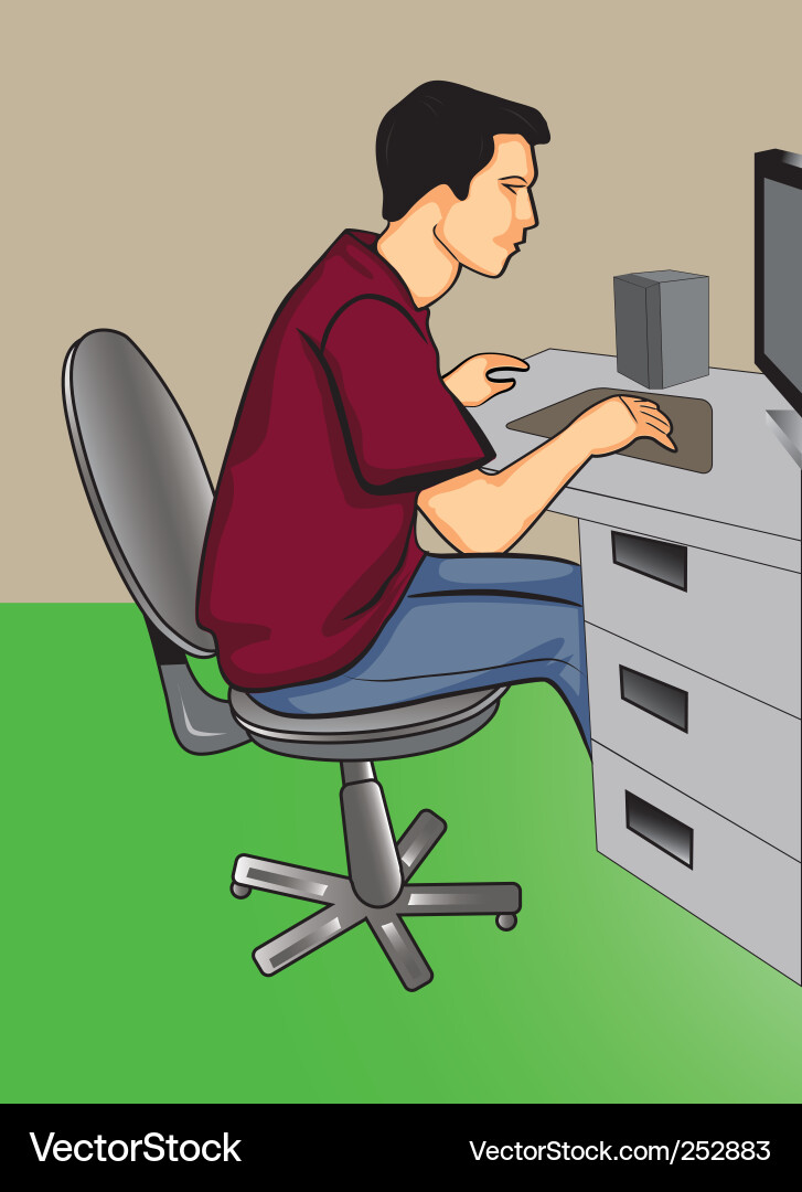 Man Working at Computer Vector Image