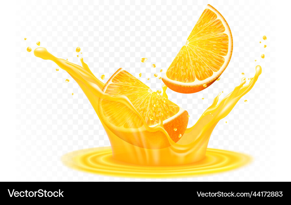 Saftspritzer mit Orangenschnitt realistisch Saftspritzer mit Orangenschnitt realistisch vektorbild
