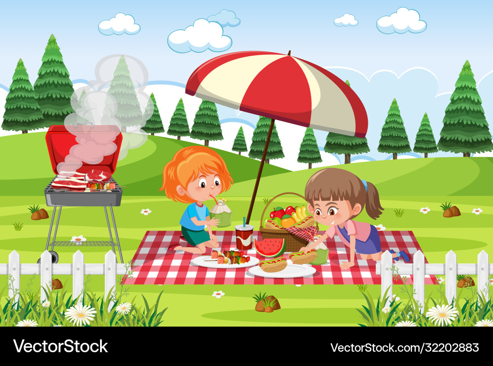 Scene with two girls eating in park Scene with two girls eating in park vector image