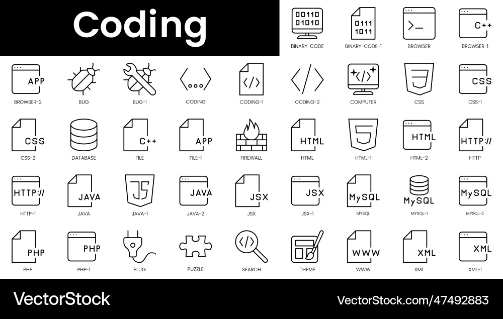 Set of outline coding icons minimalist thin Set of outline coding icons minimalist thin vector image