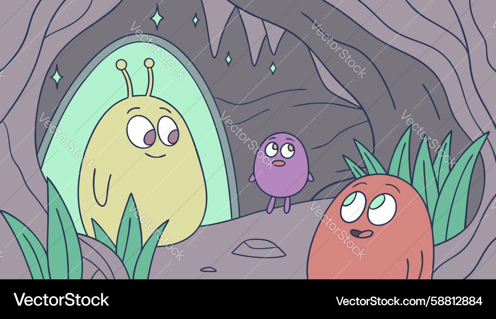 Curious blob monsters in cave - mysterious Vector Image