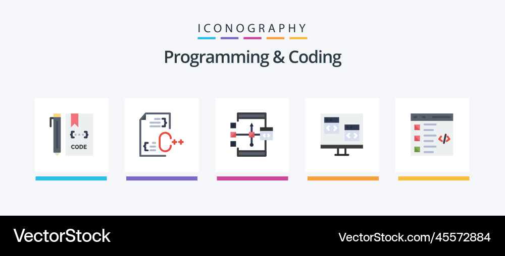 Programming and coding flat 5 icon pack including vector image