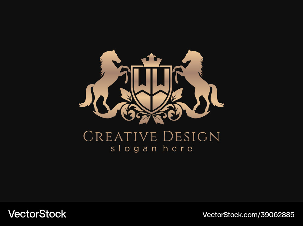 Initial ww retro golden crest with shield and two Initial ww retro golden crest with shield and two vector image