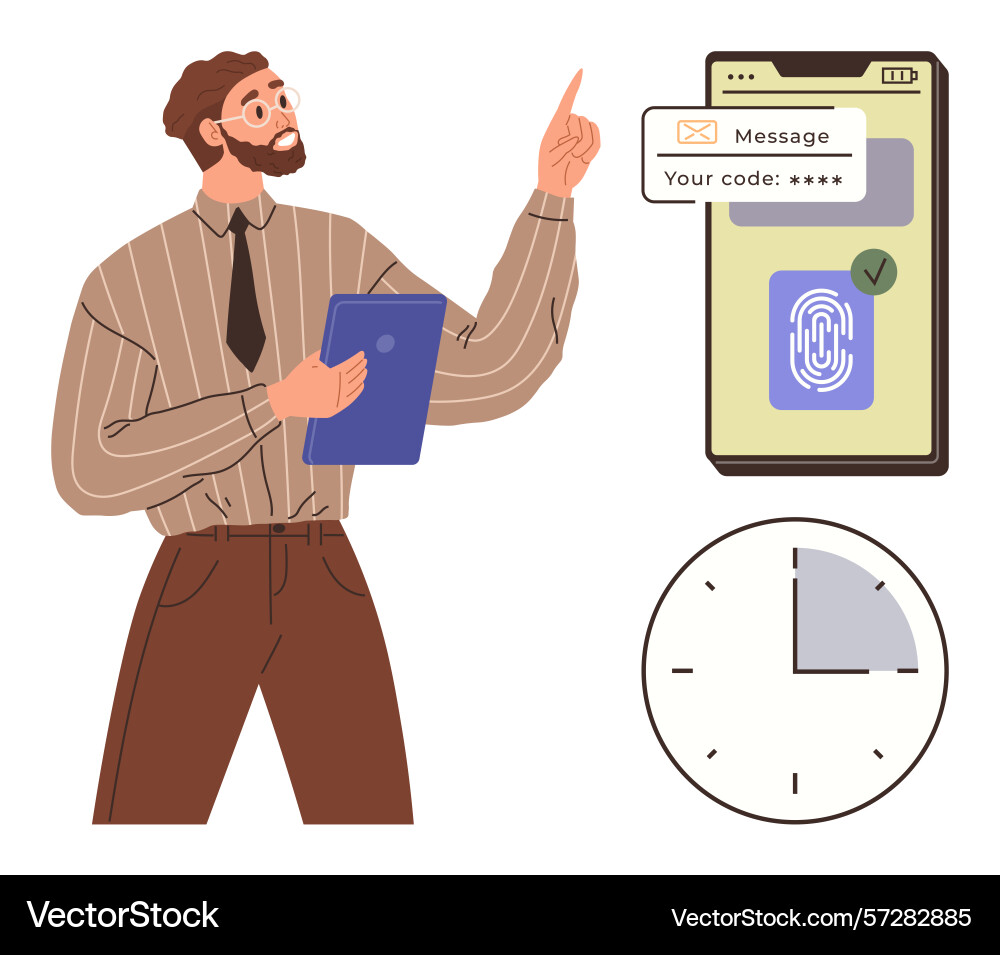 Man explaining two-factor authentication process Man explaining two-factor authentication process vector image