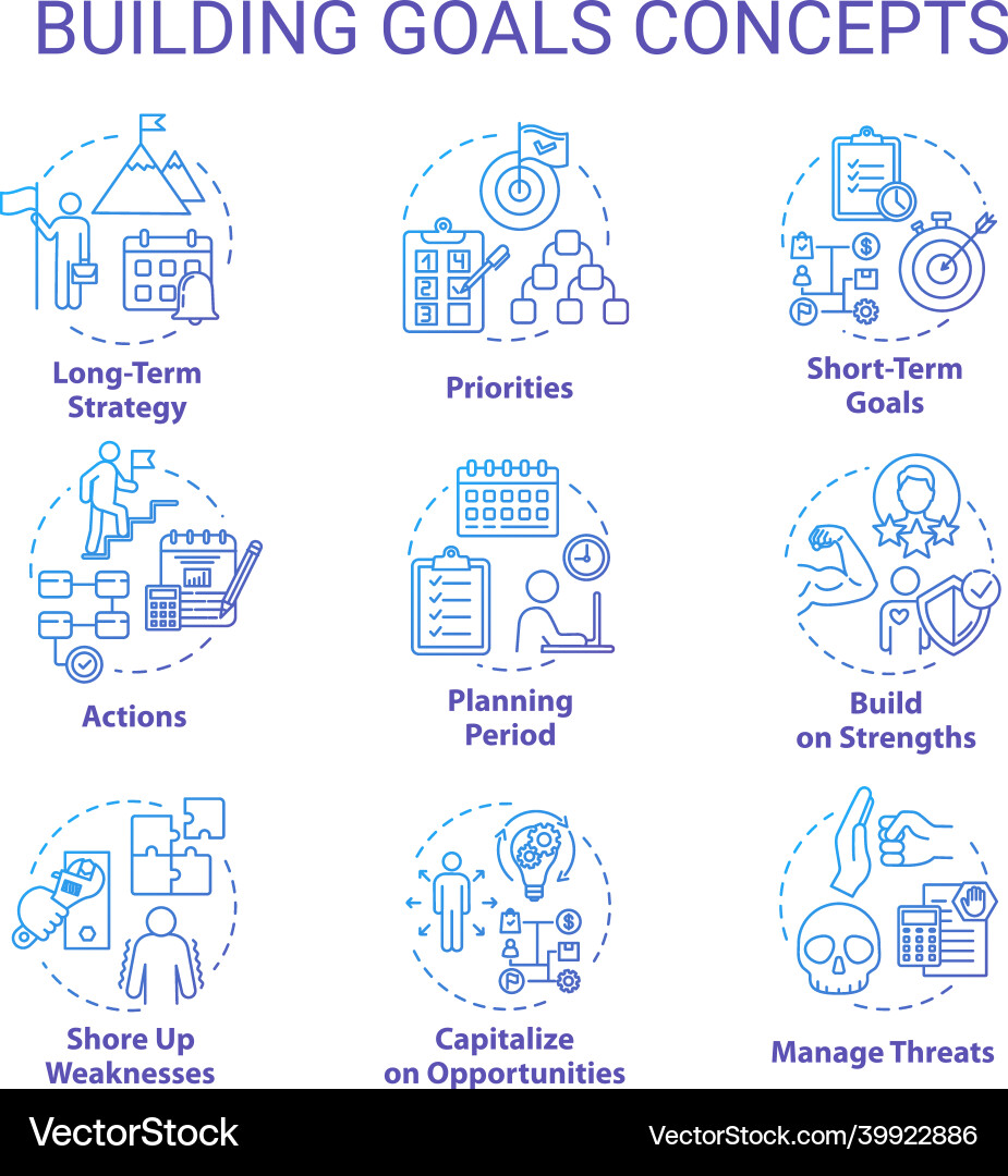 Building goals concept icons set setting target Vector Image