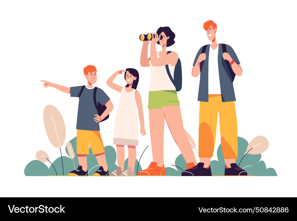 Happy traveling tourist family looking vector image