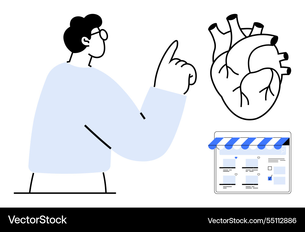 Man pointing at a heart diagram and storefront Man pointing at a heart diagram and storefront vector image