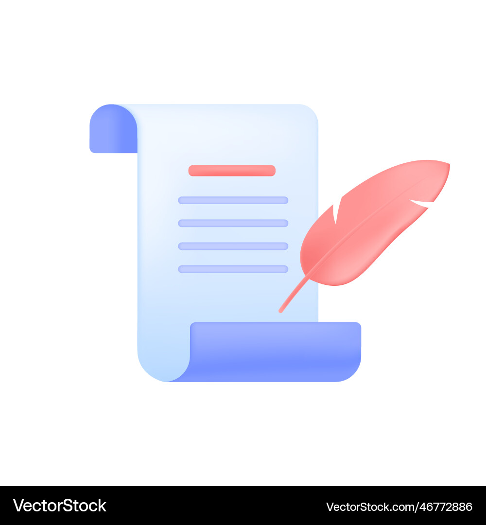 Sheet of paper or scroll with red quill 3d icon Sheet of paper or scroll with red quill 3d icon vector image