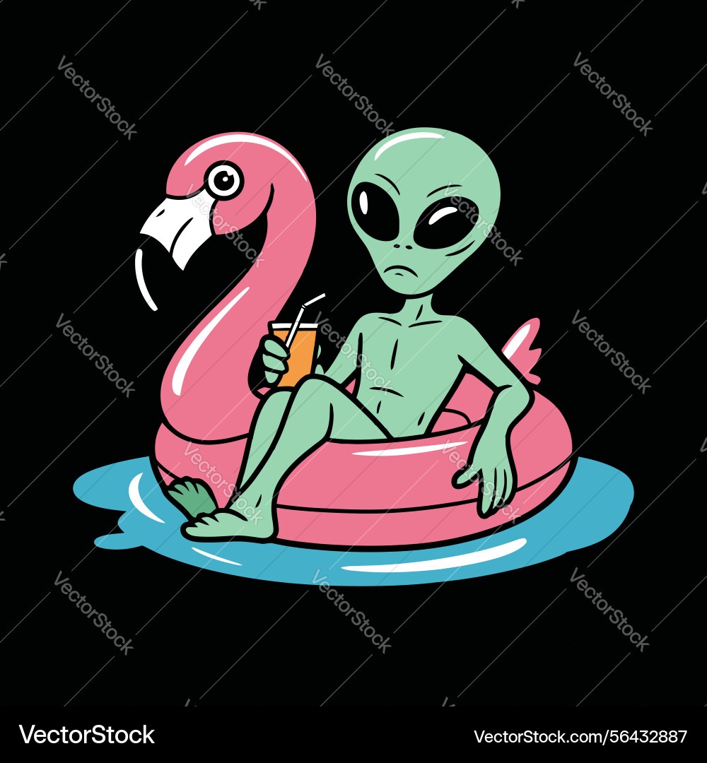 Alien relaxing in flamingo float with drink Alien relaxing in flamingo float with drink vector image