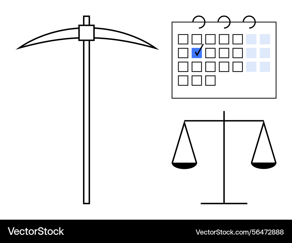 Pickaxe with balance scale and checklist calendar Pickaxe with balance scale and checklist calendar vector image