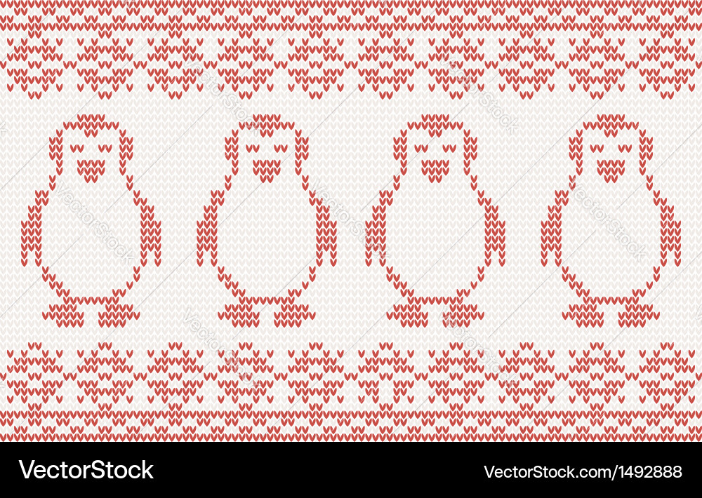 Red Knitted Background with Penguin Pattern Vector Image
