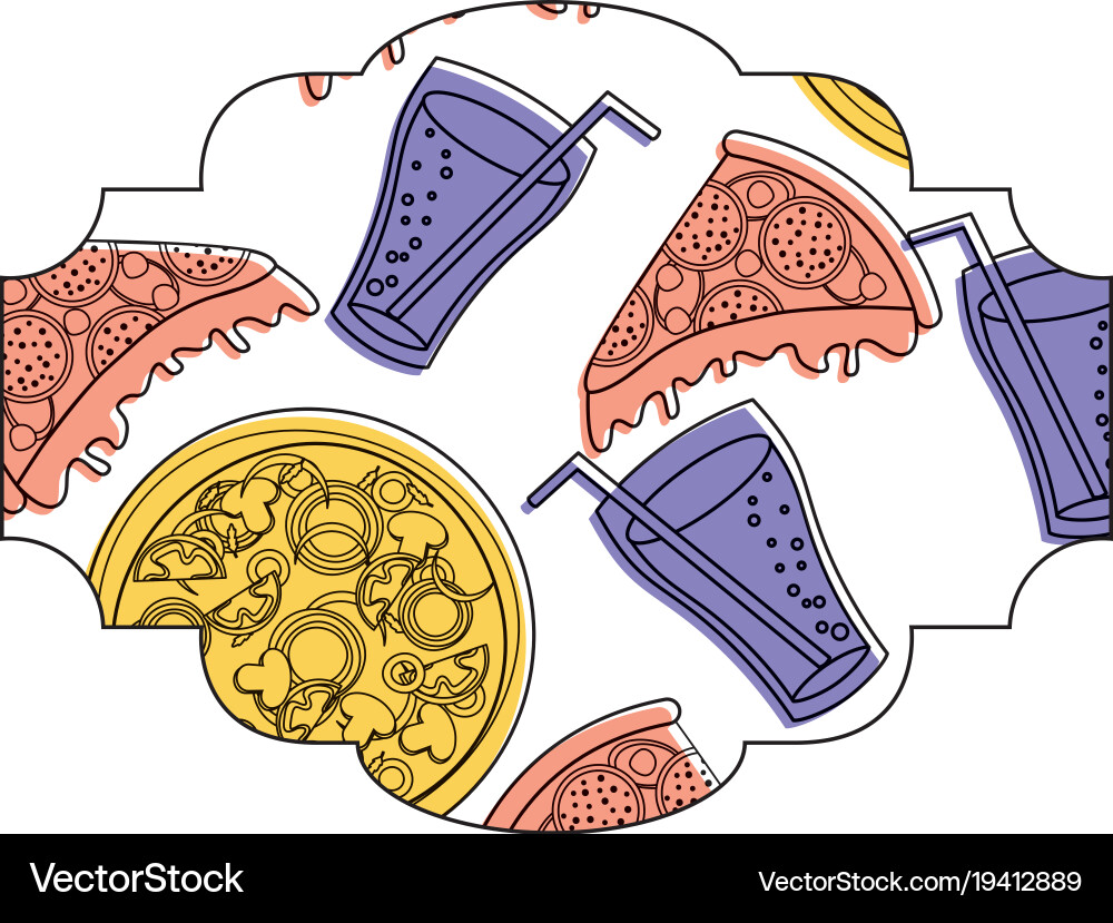 Frame with pizza and soda pattern background Vector Image