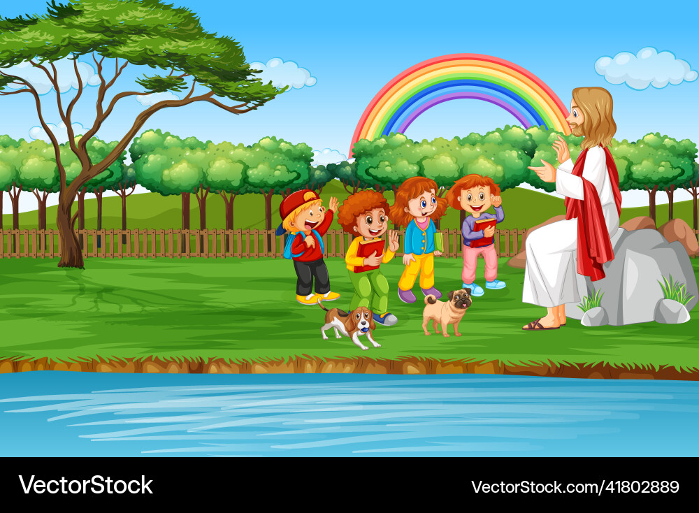 Jesus and children at the park vector image