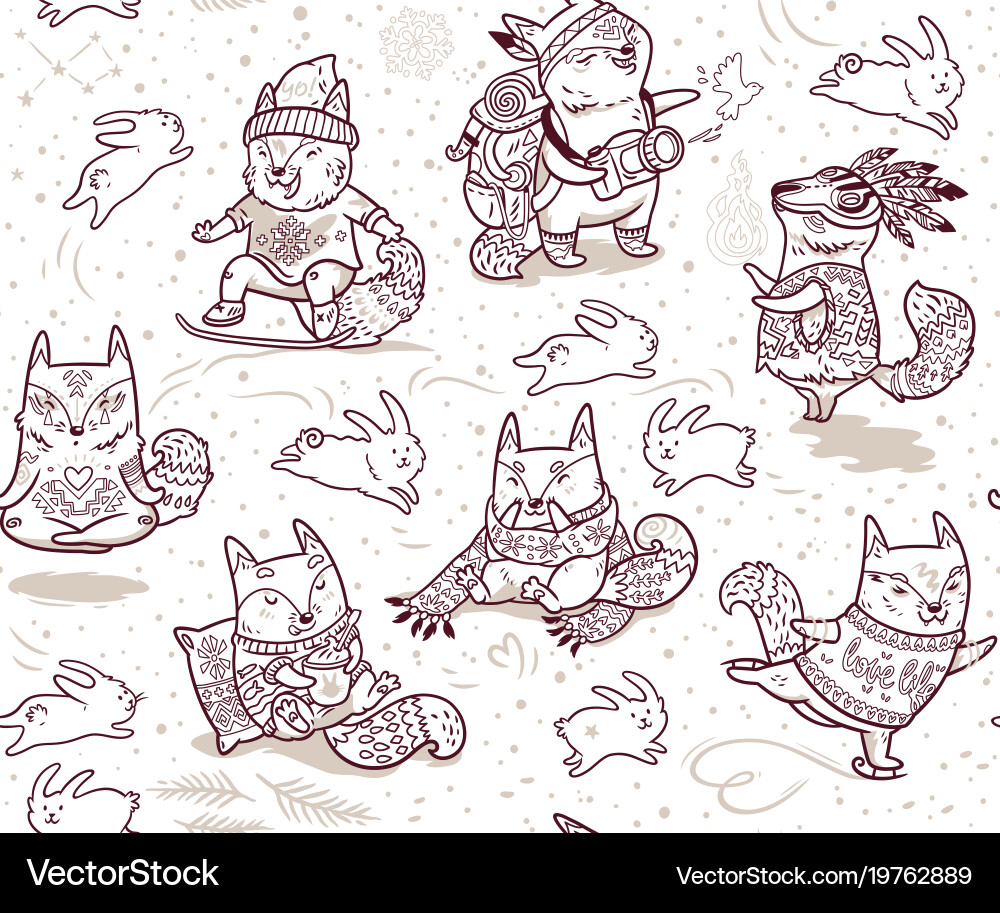 Seamless pattern with foxes characters in outline vector image