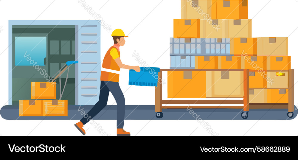 Workers loading stacked boxes in a busy warehouse Vector Image
