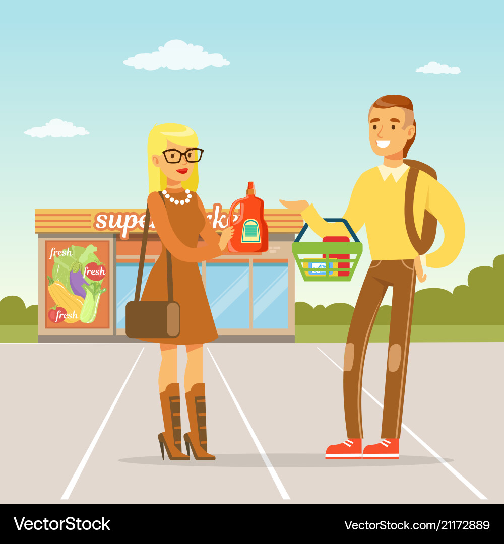 Young couple standing in front supermarket Young couple standing in front supermarket Vector Image