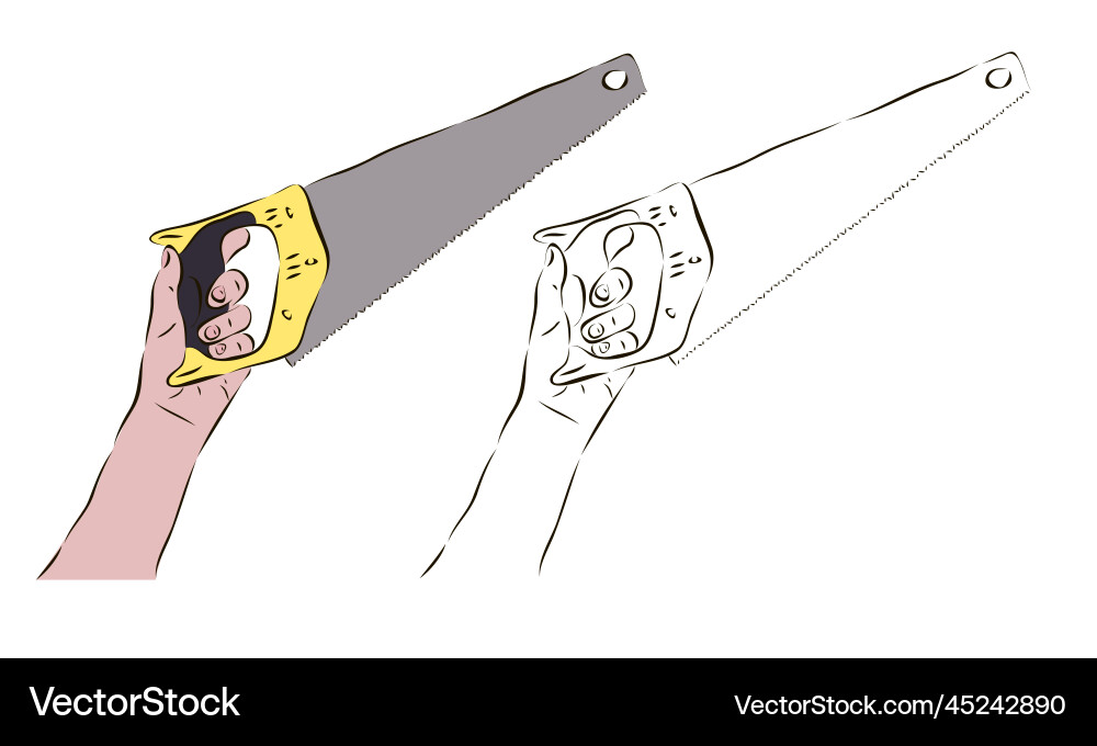 A workers hand holds saw on wood Vector Image
